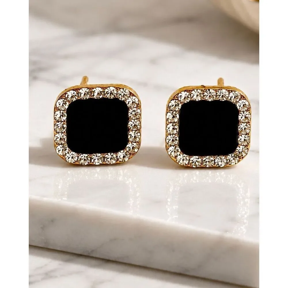 Art Deco 1820s Style Square Studs Faux Black Onyx with Rhinestones